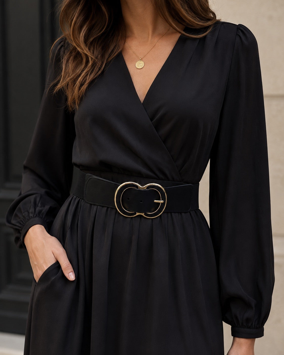 Ceinture large élastique effet daim et boucle double anneau - noir