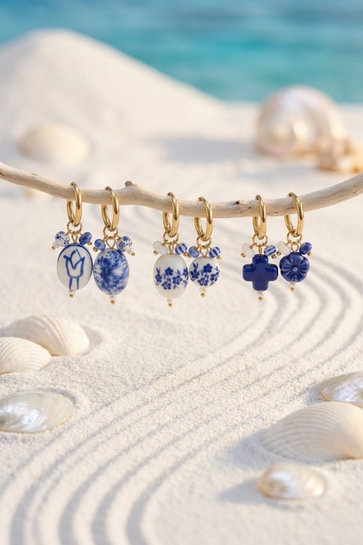 Lot de 6 boucles d'oreilles créoles céramique bleu et blanc