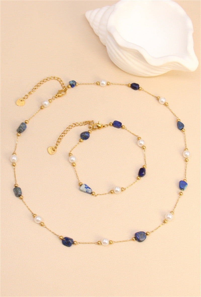 Collier perles pierres lapis-lazuli doré