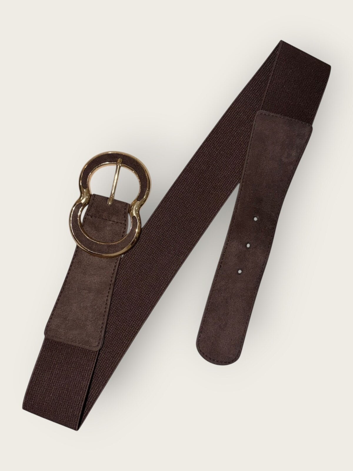 Ceinture large élastique effet daim et boucle double anneau - chocolat