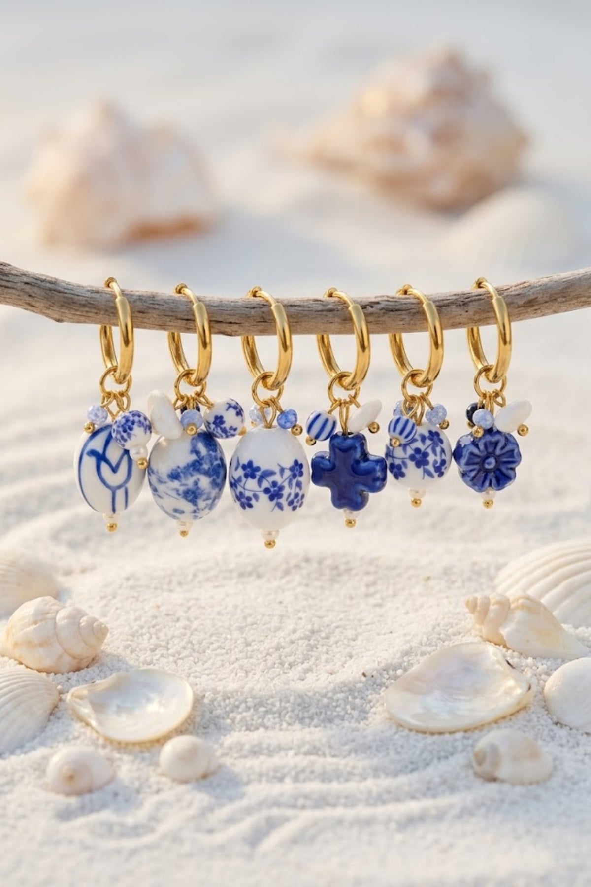 Lot de 6 boucles d'oreilles créoles céramique bleu et blanc