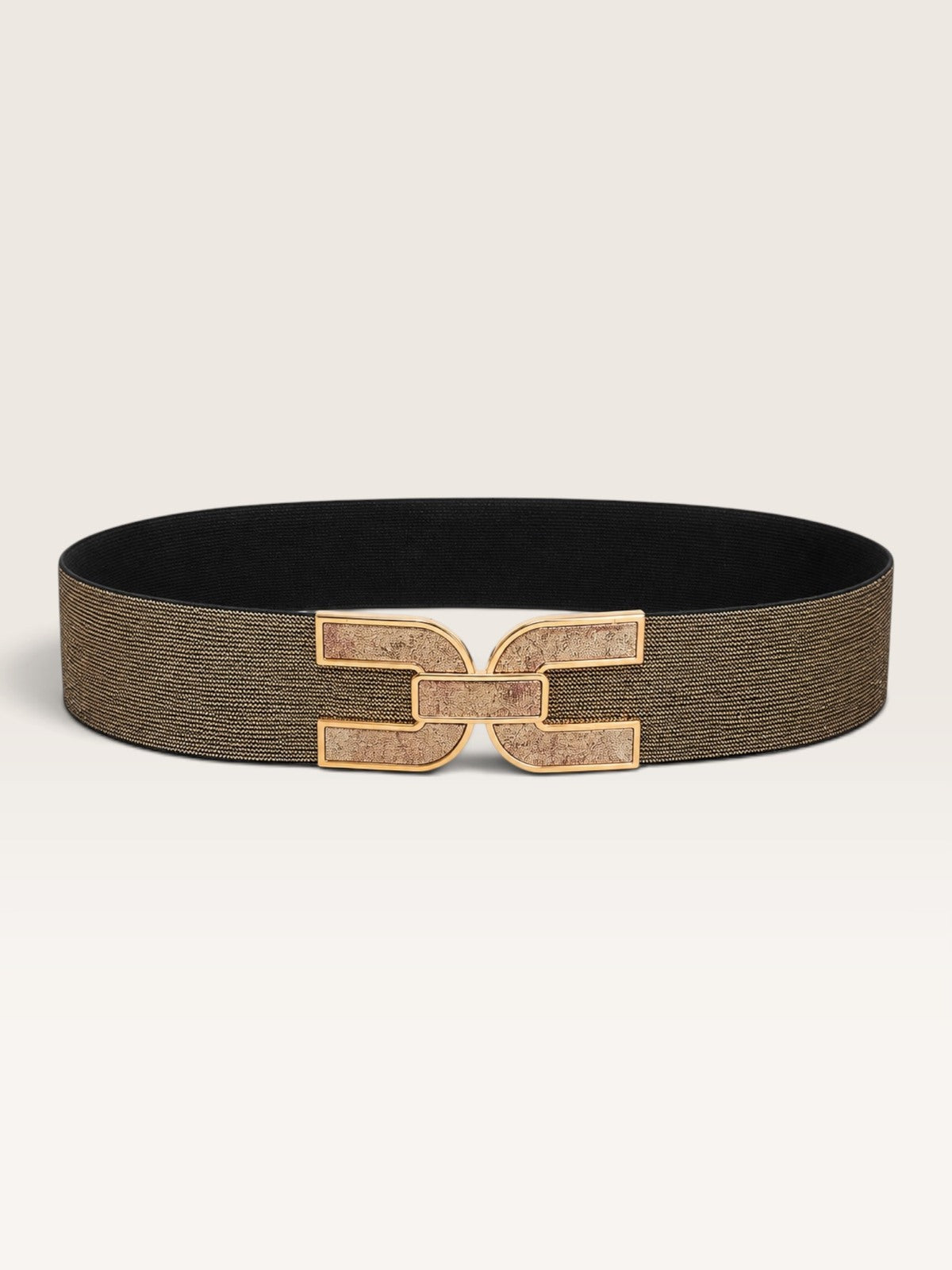 Ceinture large élastique lurex et boucle dorée graphique - bronze