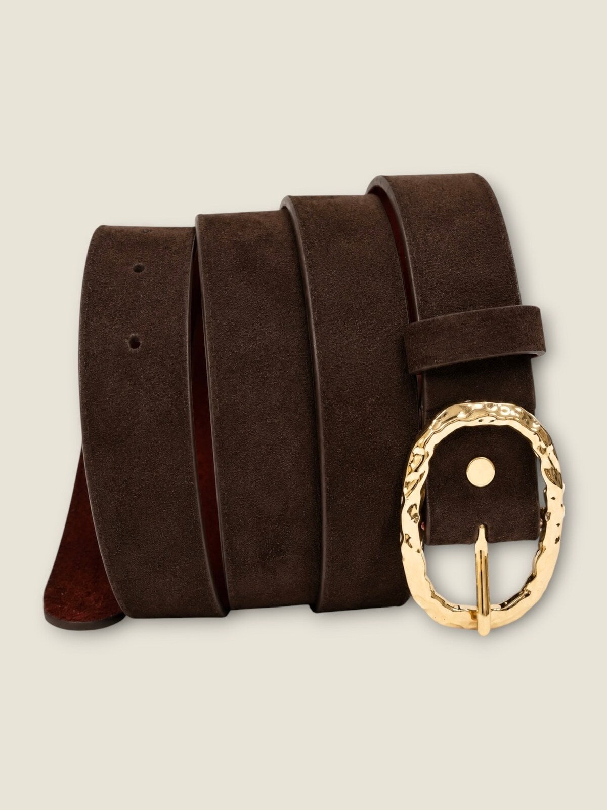 Ceinture effet daim et boucle ovale martelée - marron