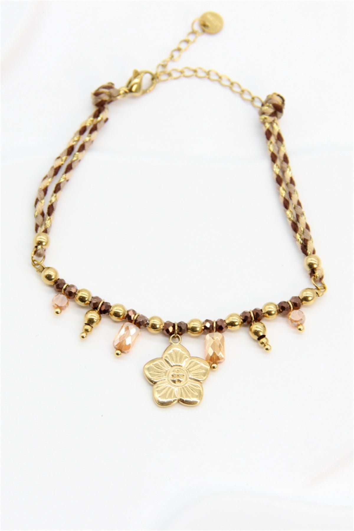 Bracelet cordon tressé fleur perles dorées