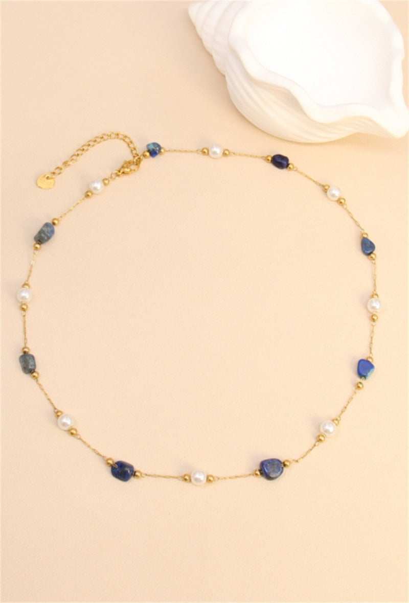 Collier perles pierres lapis-lazuli doré
