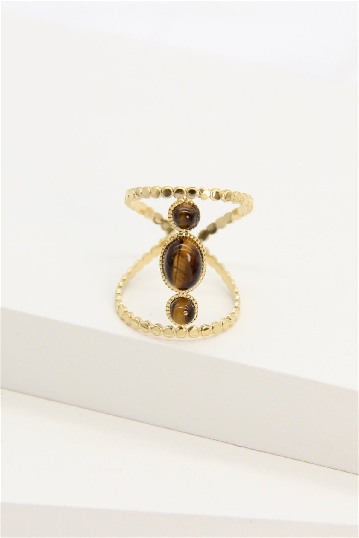 Bague réglable dorée double anneau perlé et pierres œil de tigre