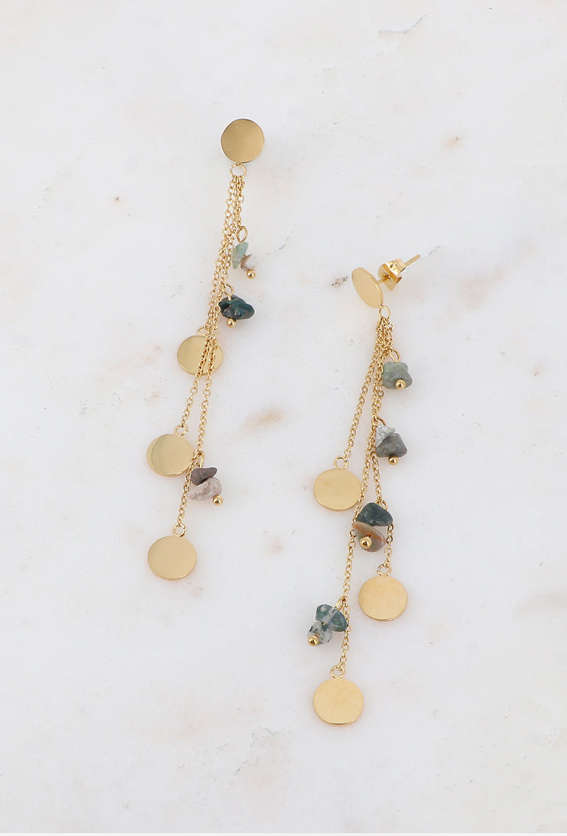 Boucles d'oreilles pendantes doubles chaînes pastilles dorées et pierres naturelles taupe