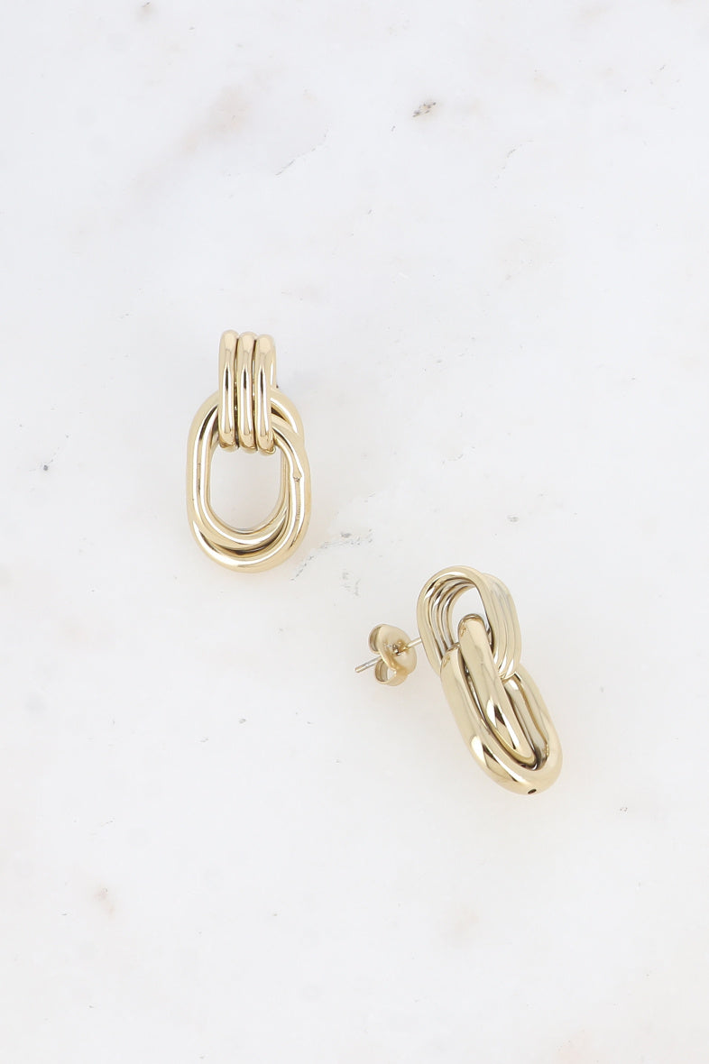 Boucles d'oreilles puces double anneau ovale doré en acier inoxydable