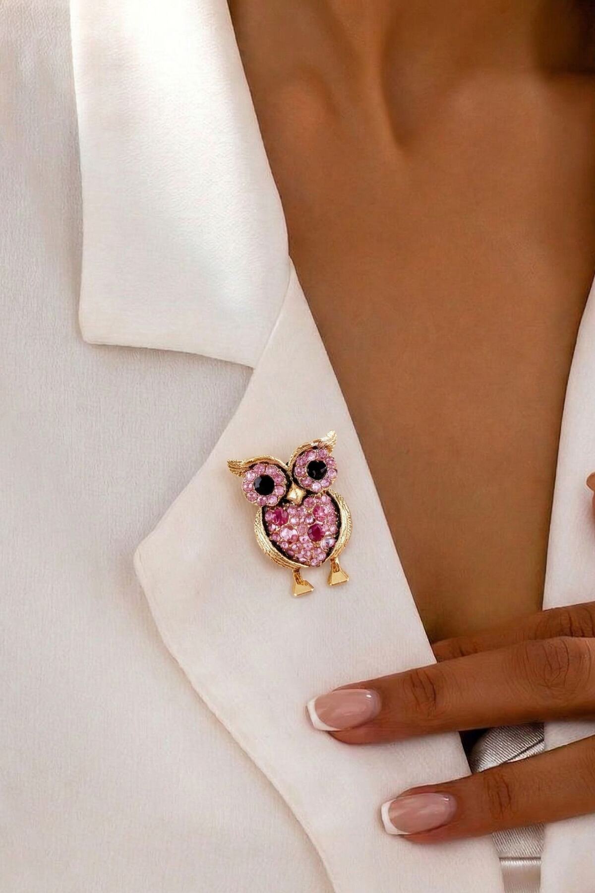 Broche petit hibou strass rose et doré