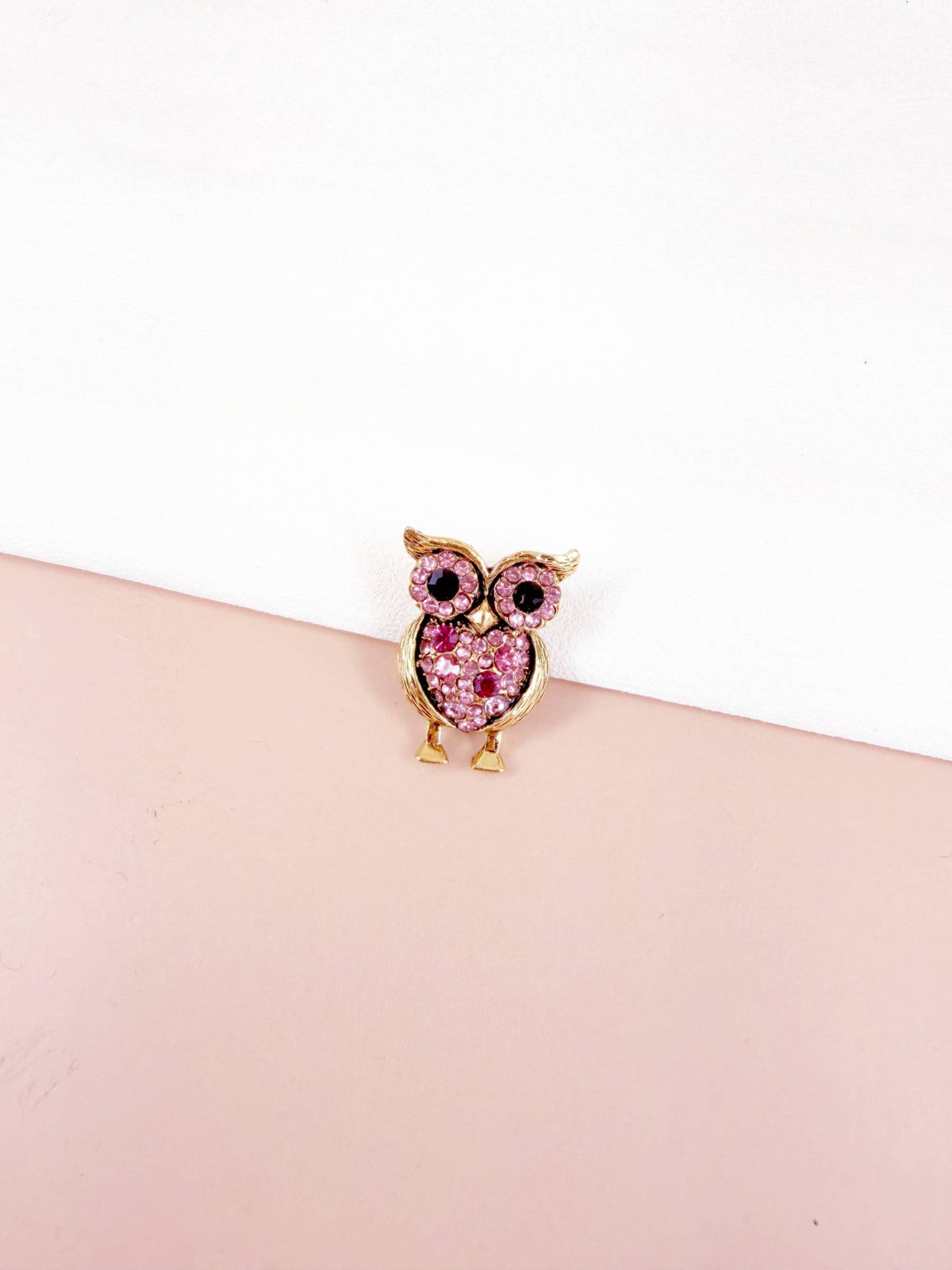 Broche petit hibou strass rose et doré