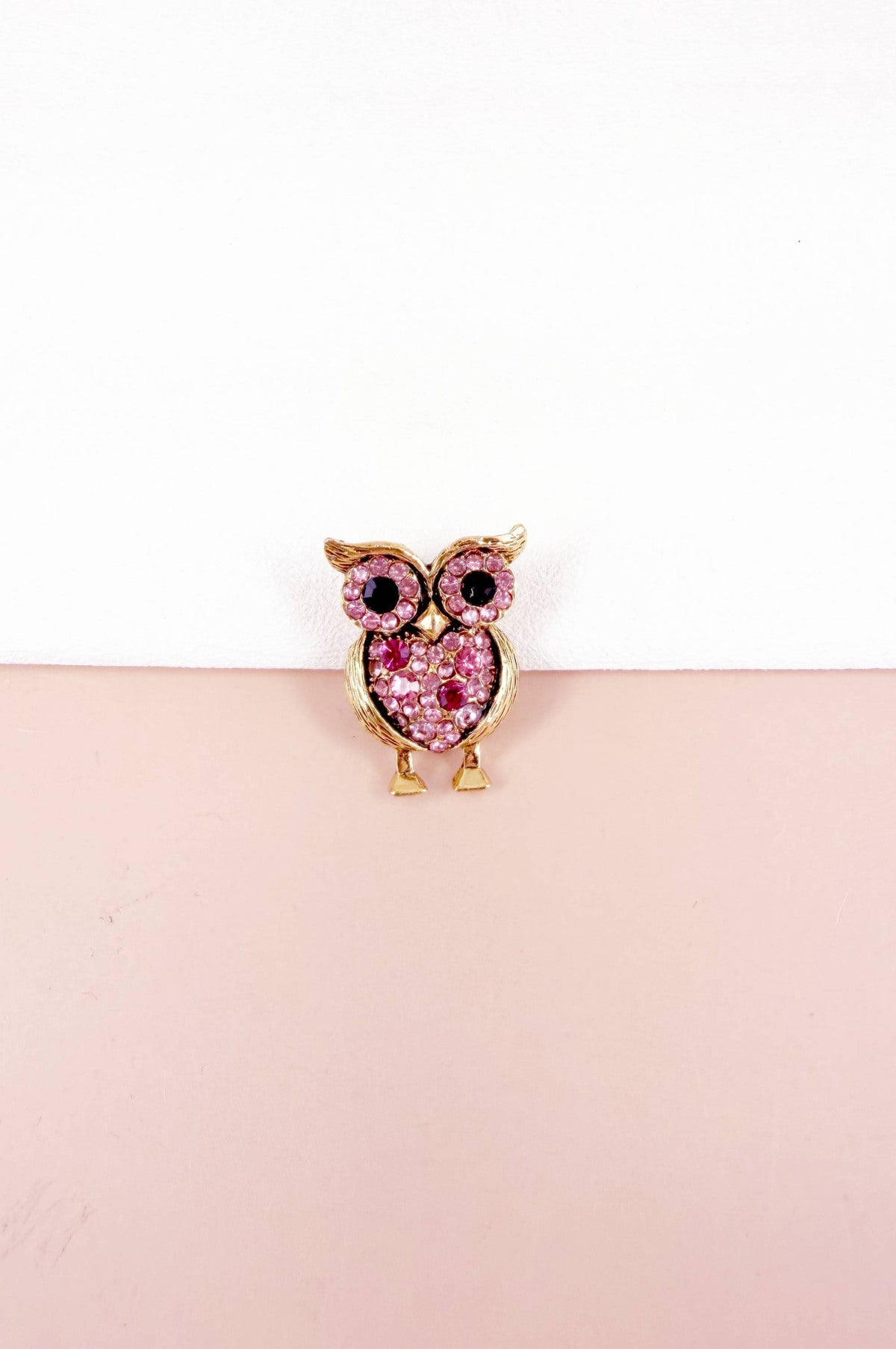 Broche petit hibou strass rose et doré