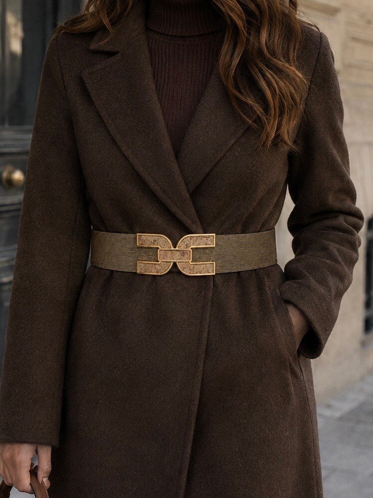 Ceinture large élastique lurex et boucle dorée graphique - bronze