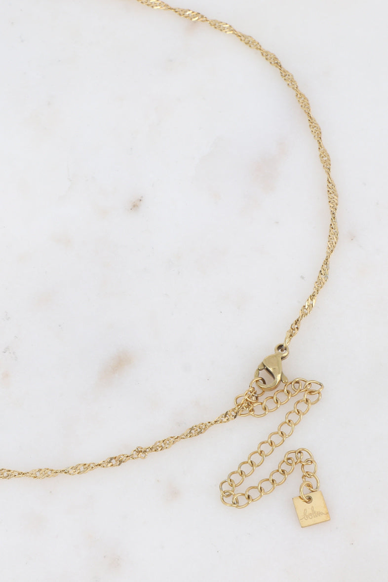 Collier chaîne torsadée dorée pendentif pierre naturelle nacre et goutte cristal