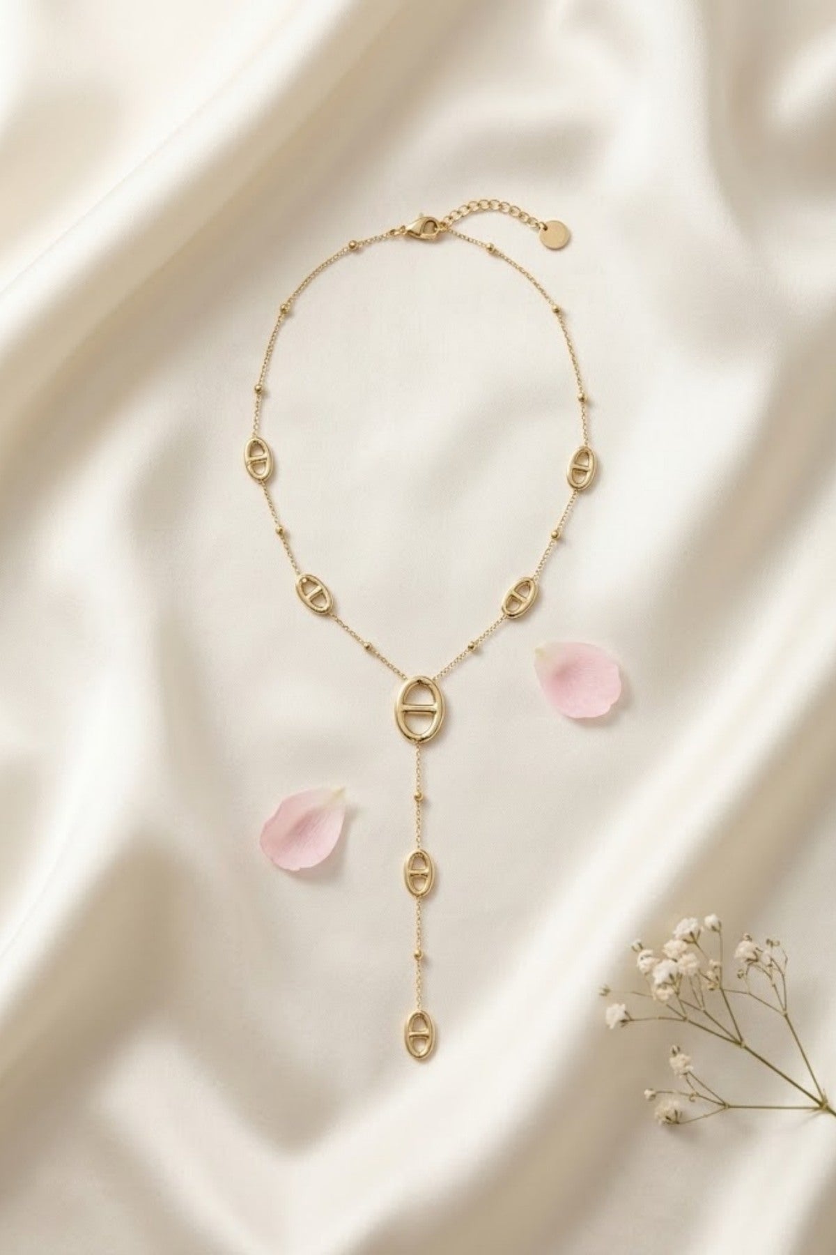 Collier en Y chaîne dorée perlée motifs maille marine