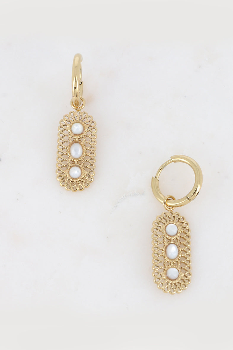 Boucles d'oreilles créoles dorées pendentif ovale ajouré 3 pierres naturelles blanc nacré