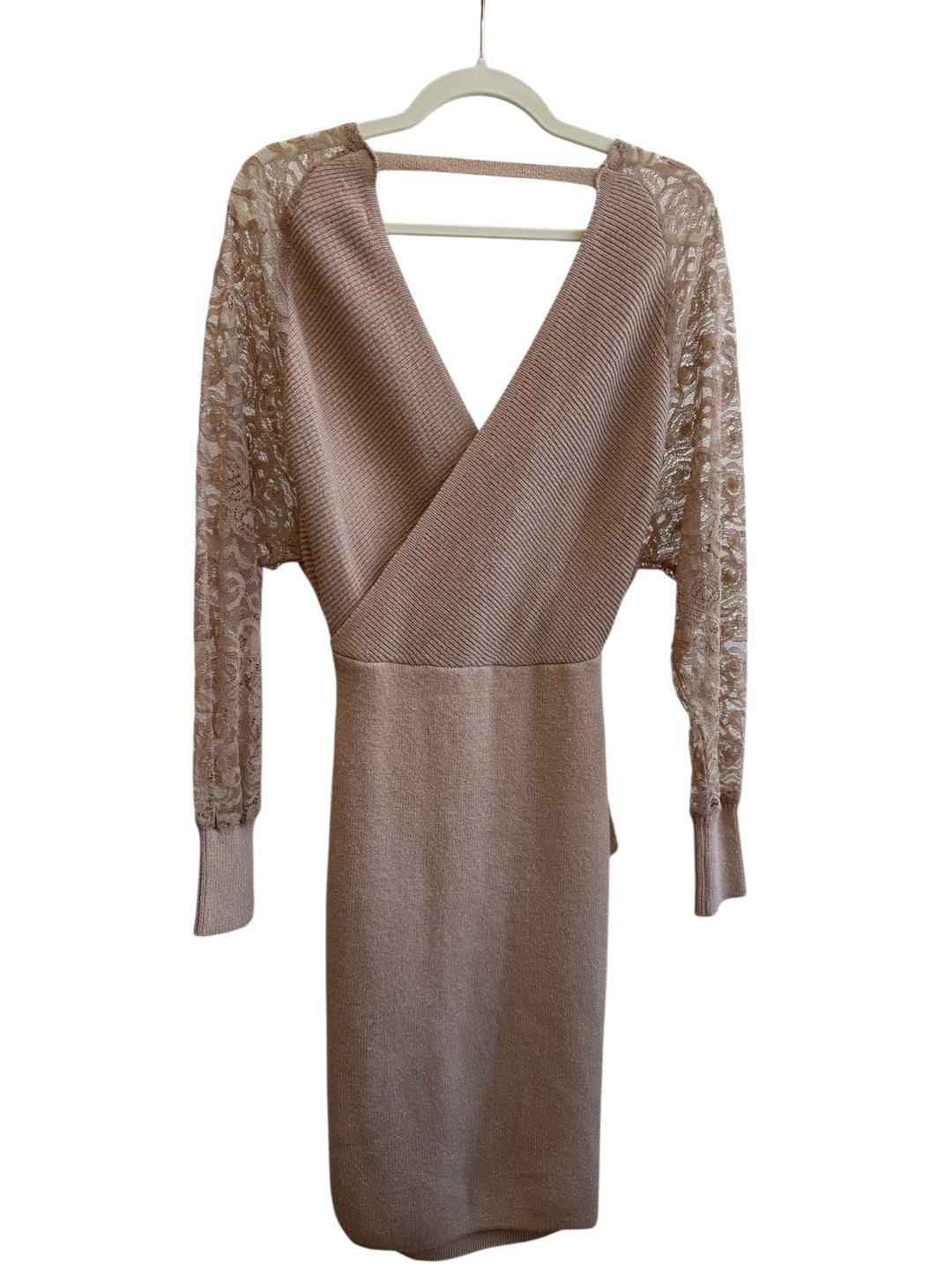 Golden Days Paris nude pink knit wrap dress with lace long sleeves and tie waist.
