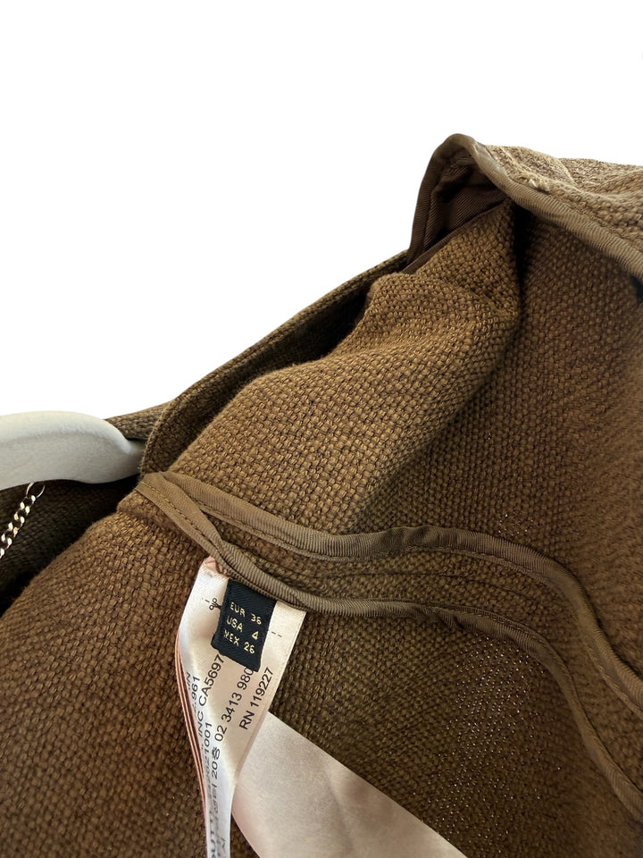 Massimo Dutti brown textured short jacket with zip, round neck, and chain detail. Size 36.