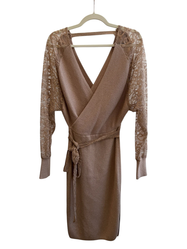 ReTrend beige rosé knit wrap dress with lace long sleeves, V-neck, and tie waist.
