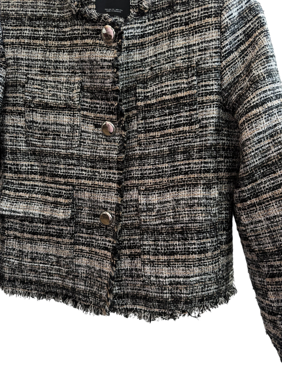 ReTrend black and beige tweed jacket XS, short structured cut with frayed hem and metallic buttons.