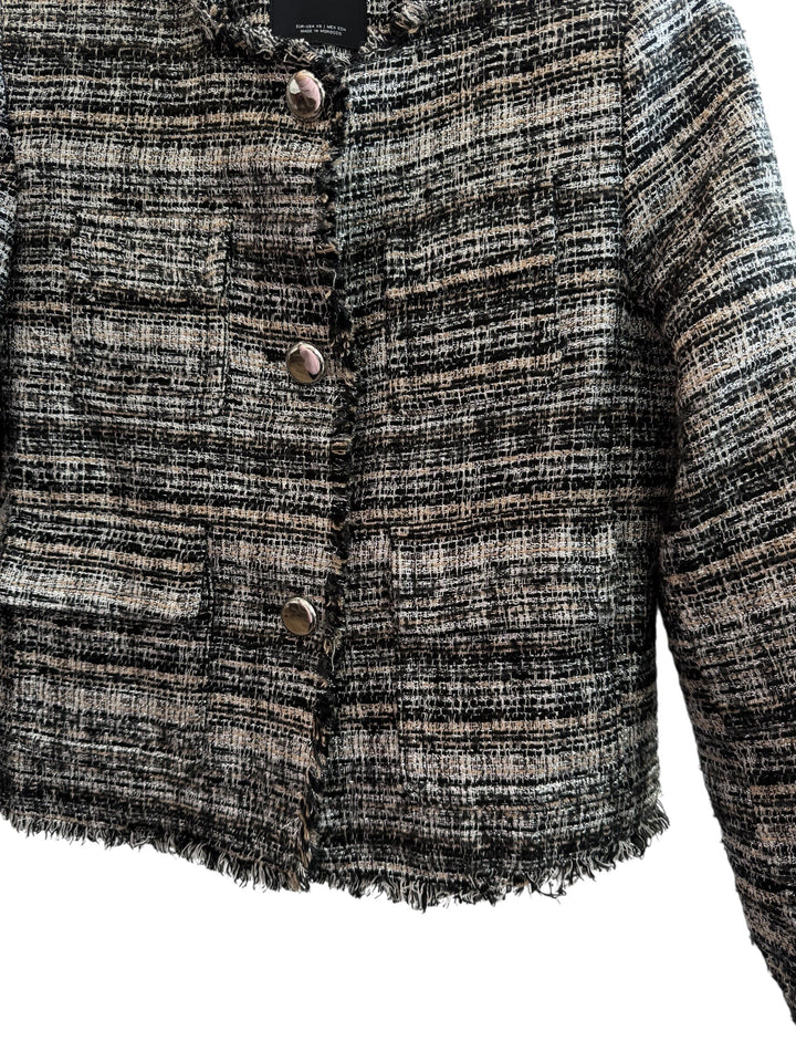 ReTrend black and beige tweed jacket XS, short structured cut with frayed hem and metallic buttons.
