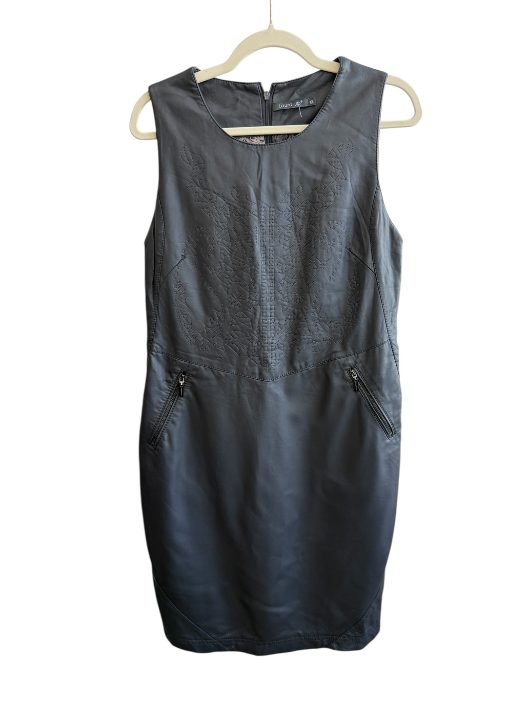 ReTrend black faux leather dress with embroidered details on the front and zip pockets. Size L/XL.