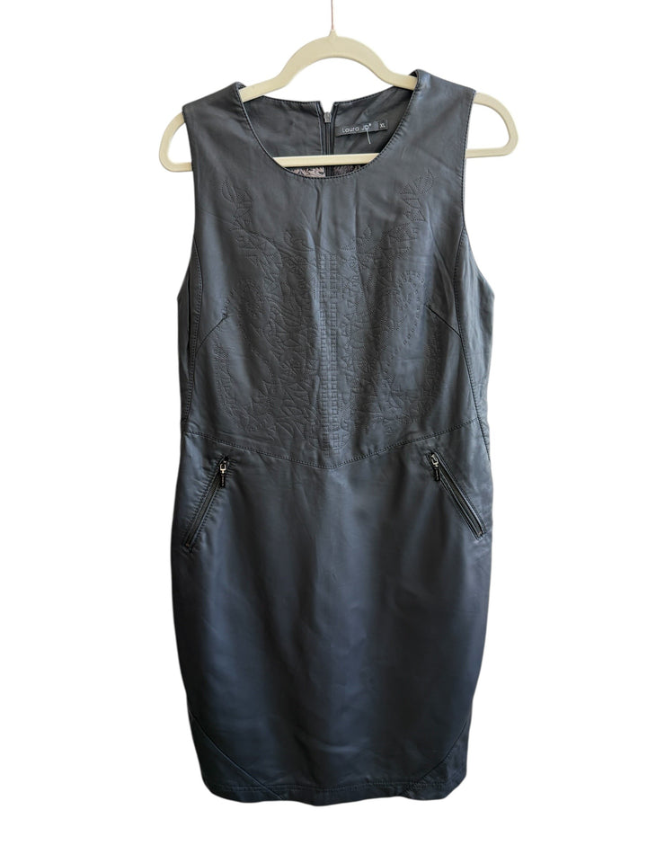 ReTrend black faux leather dress with embroidered details on the front and zip pockets. Size L/XL.