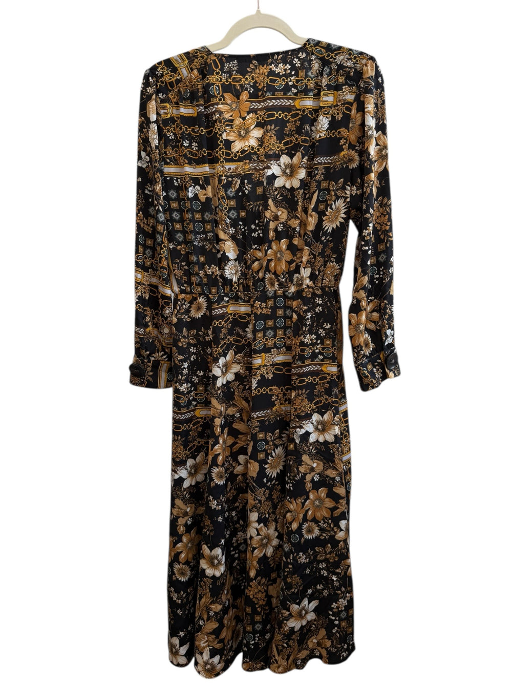 ReTrend black floral print midi dress with chain details, size M. Features long sleeves, button front, and a fluid cut.
