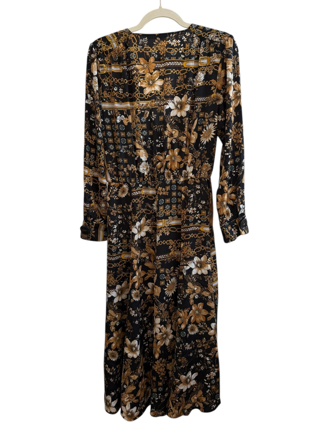 ReTrend black floral print midi dress with chain details, size M. Features long sleeves, button front, and a fluid cut.