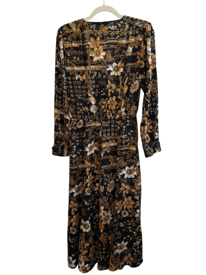 ReTrend black floral print midi dress with chain details, size M. Features long sleeves, button front, and a fluid cut.