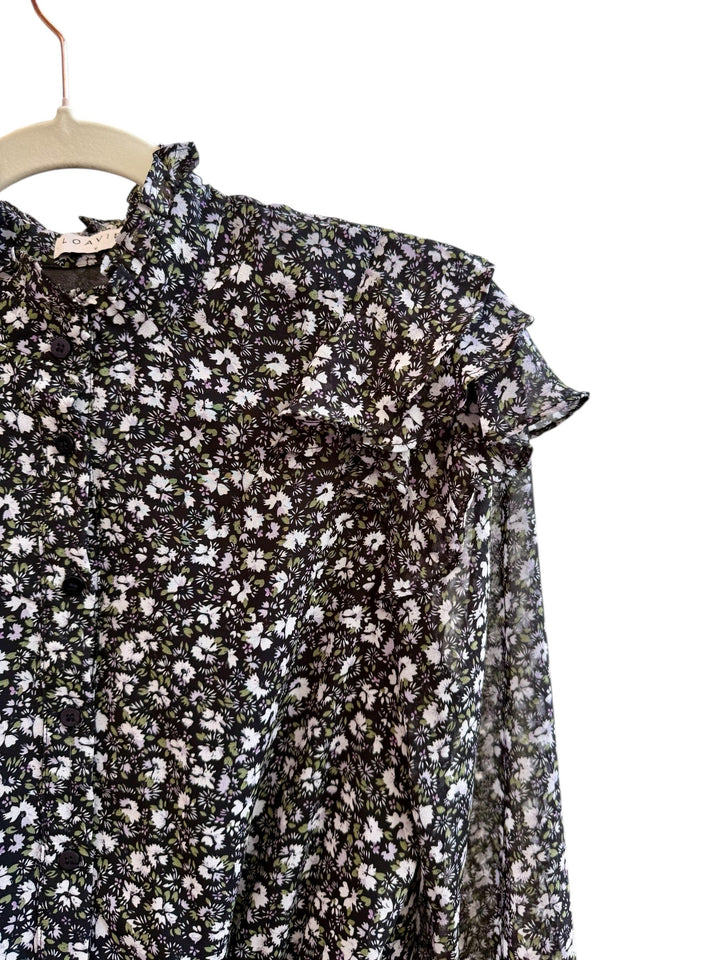 ReTrend black floral print chiffon dress with ruffled high neck, button front, and sheer long sleeves. Size S.