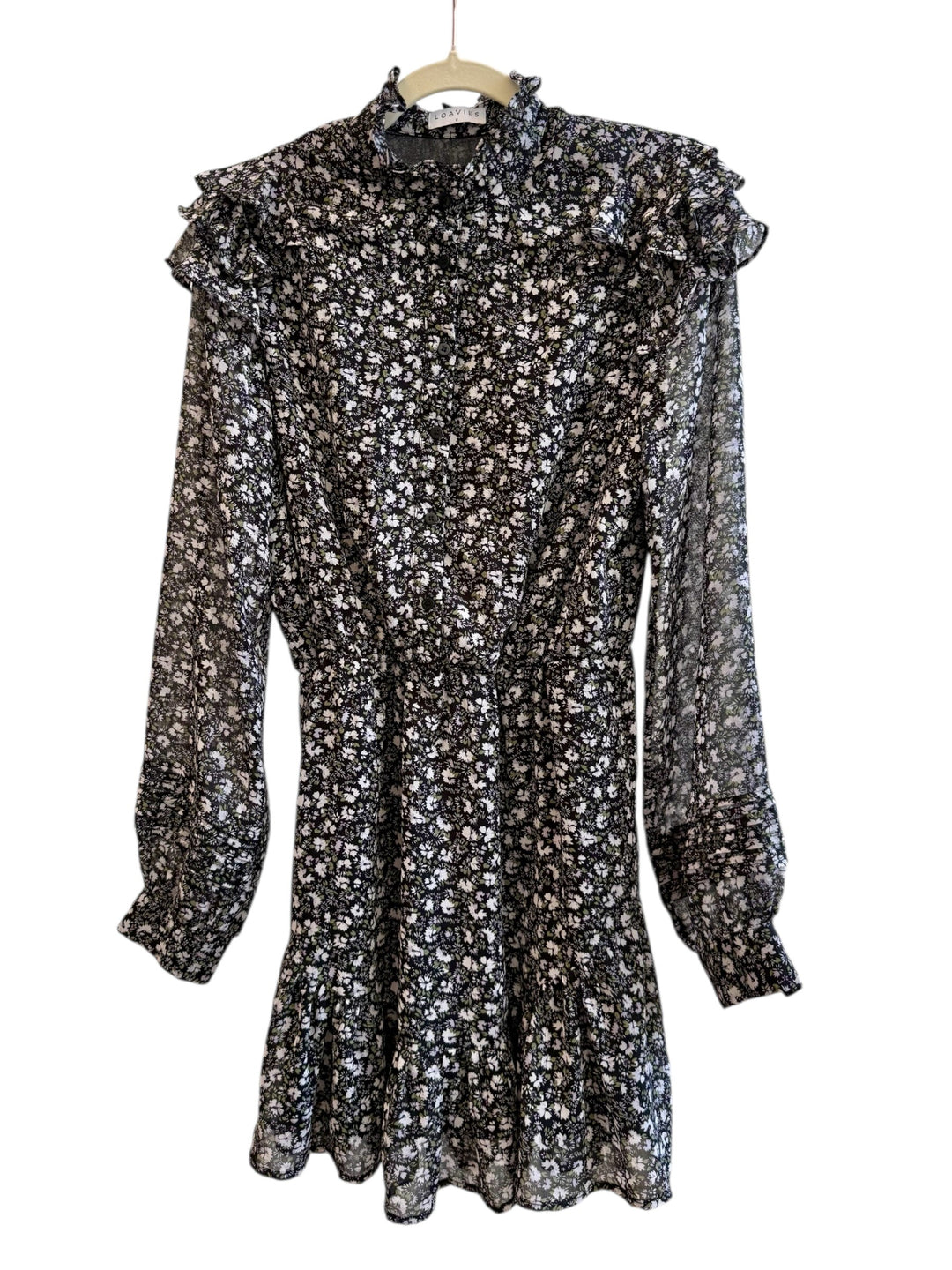 ReTrend black floral print chiffon dress with ruffled collar, long sleeves, and tiered hem. Size S.