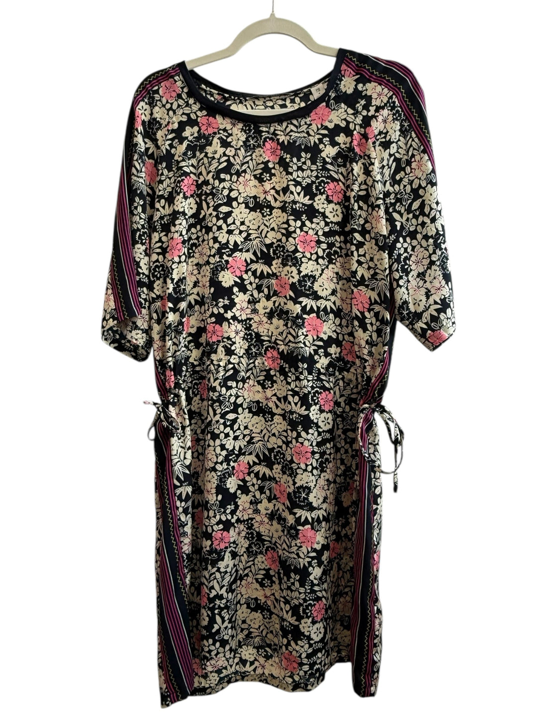 ReTrend black floral print dress with pink and beige flowers, short sleeves, side ties, and contrast striped bands.