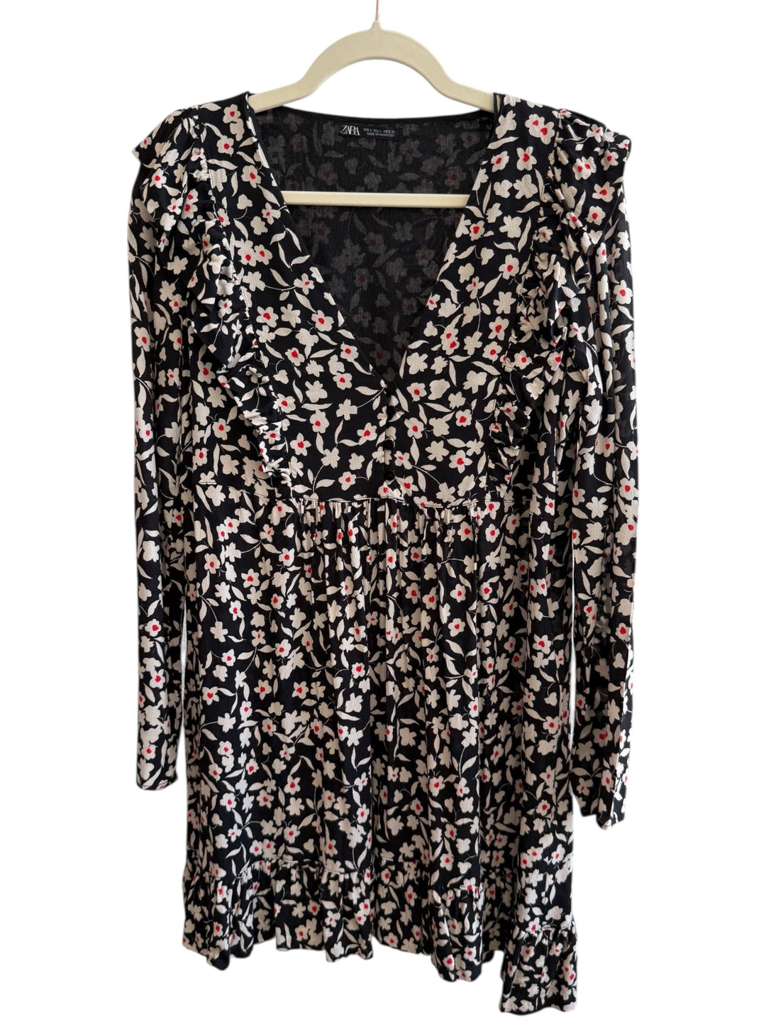 ReTrend black floral print midi dress with red accents, V-neck, ruffled details, and long sleeves. Size L.