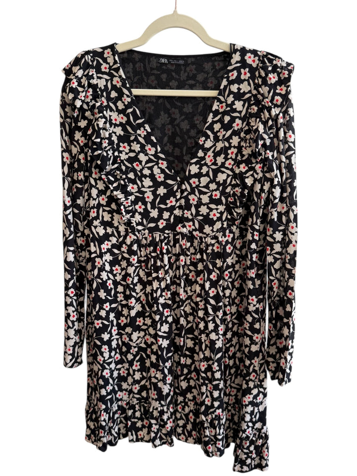 ReTrend black floral print midi dress with red accents, V-neck, ruffled details, and long sleeves. Size L.