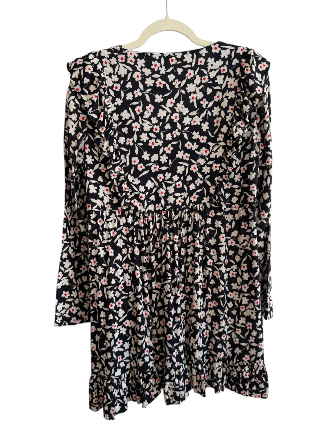 ReTrend black floral midi dress with white flowers and red accents, featuring ruffles and a V-neck. Size L.
