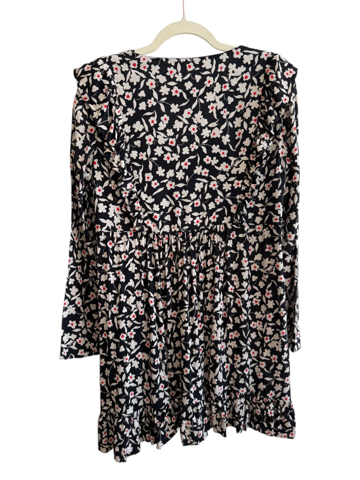ReTrend black floral midi dress with white flowers and red accents, featuring ruffles and a V-neck. Size L.