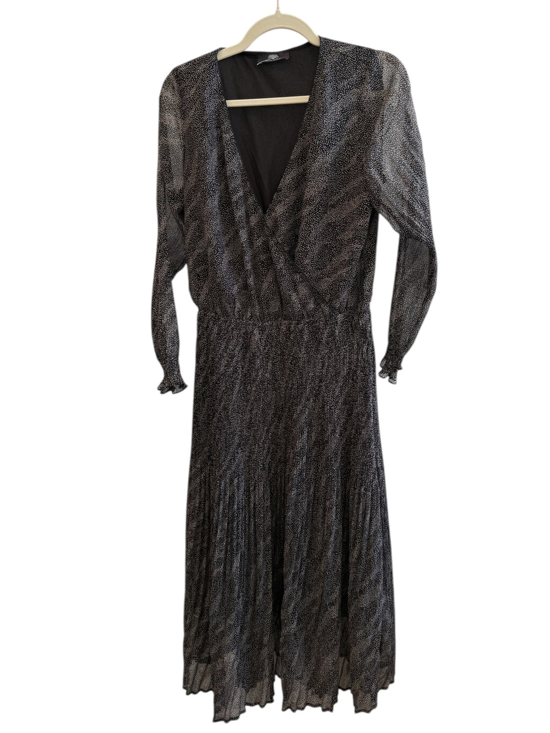 ReTrend black and ecru polka dot midi wrap dress with long sleeves and elasticated waist, size S.