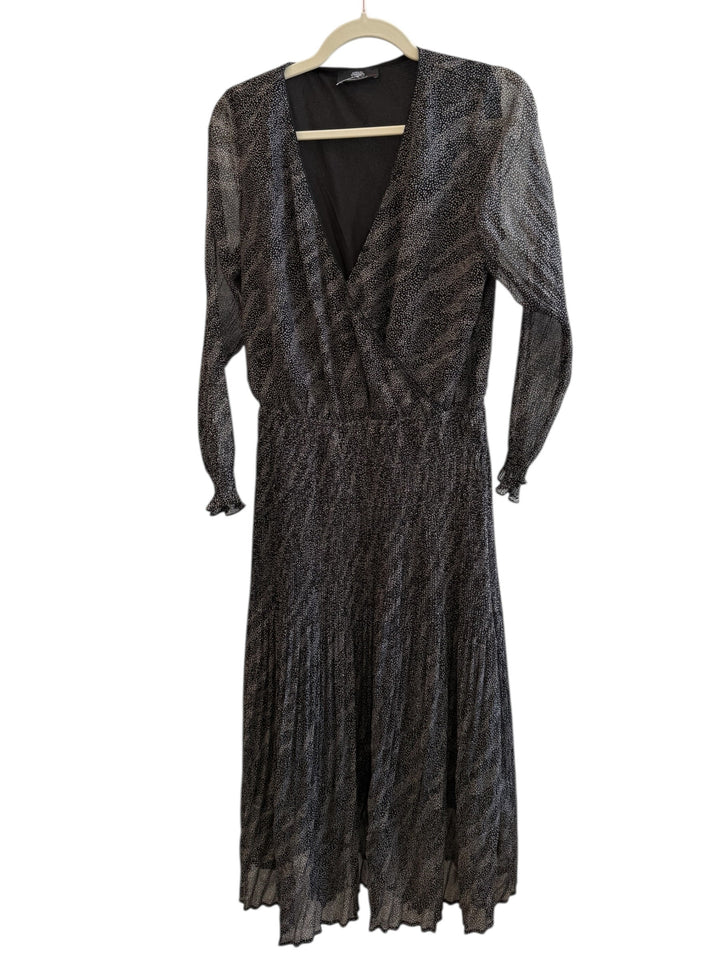 ReTrend black and ecru polka dot midi wrap dress with long sleeves and elasticated waist, size S.