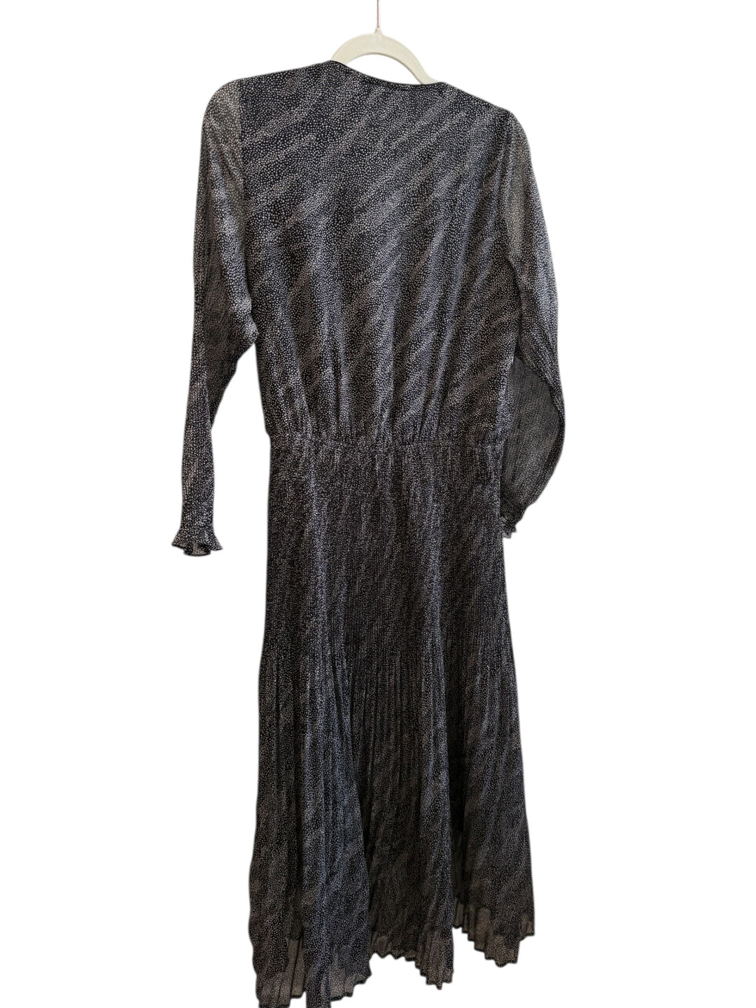 ReTrend black midi dress with subtle print, V-neck, long sleeves, and elasticated waist. Size S.