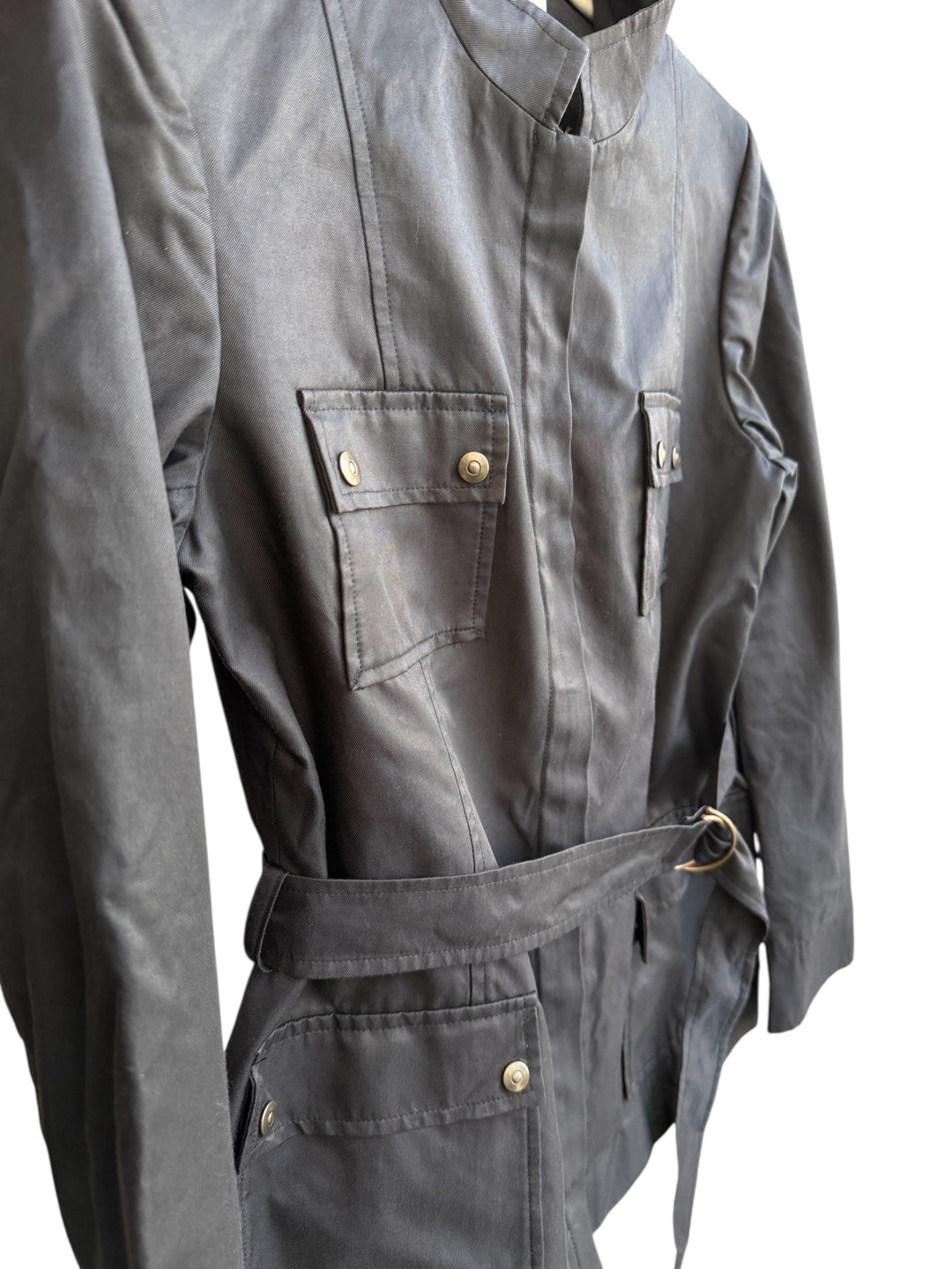 ReTrend black structured canvas jacket with stand-up collar, discreet closure, belted waist, and buttoned flap pockets. Size 40.