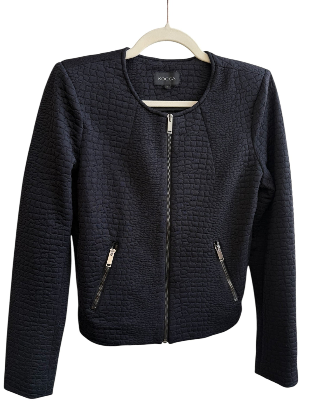 ReTrend black textured jacket with zip closure, round neck, and zip pockets. Size M.