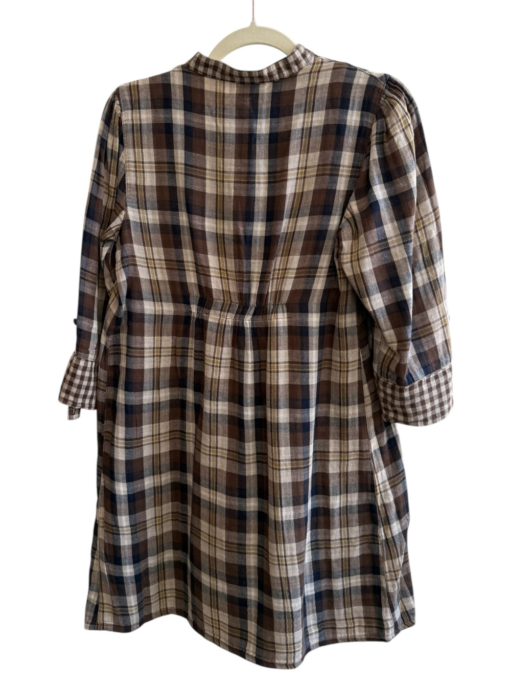 Retrend brown and beige plaid dress, size L, with vichy collar and cuffs, bohemian style.
