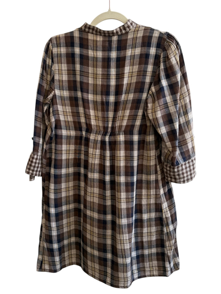 Retrend brown and beige plaid dress, size L, with vichy collar and cuffs, bohemian style.