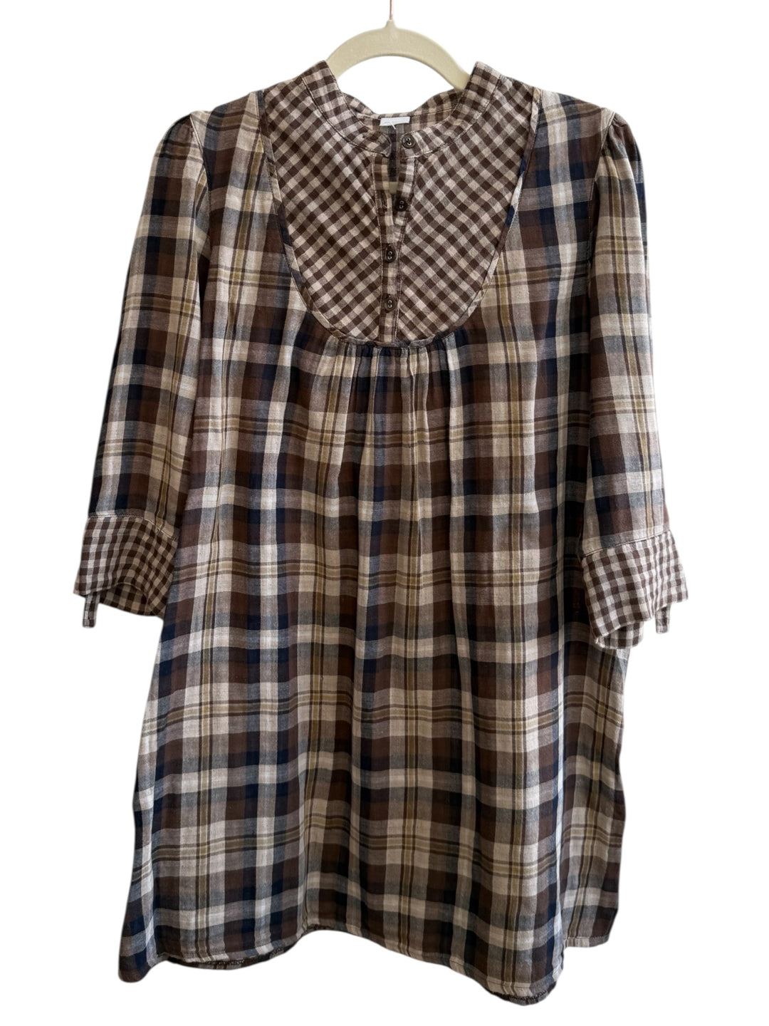 Retrend brown and beige plaid dress with gingham collar and cuffs, size L. Bohemian, retro style.