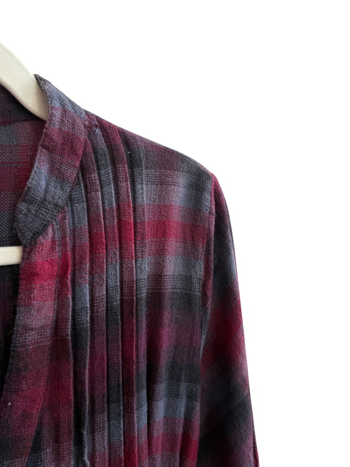 ReTrend burgundy and grey plaid shirt dress with pleats on the bust and a tie waist.