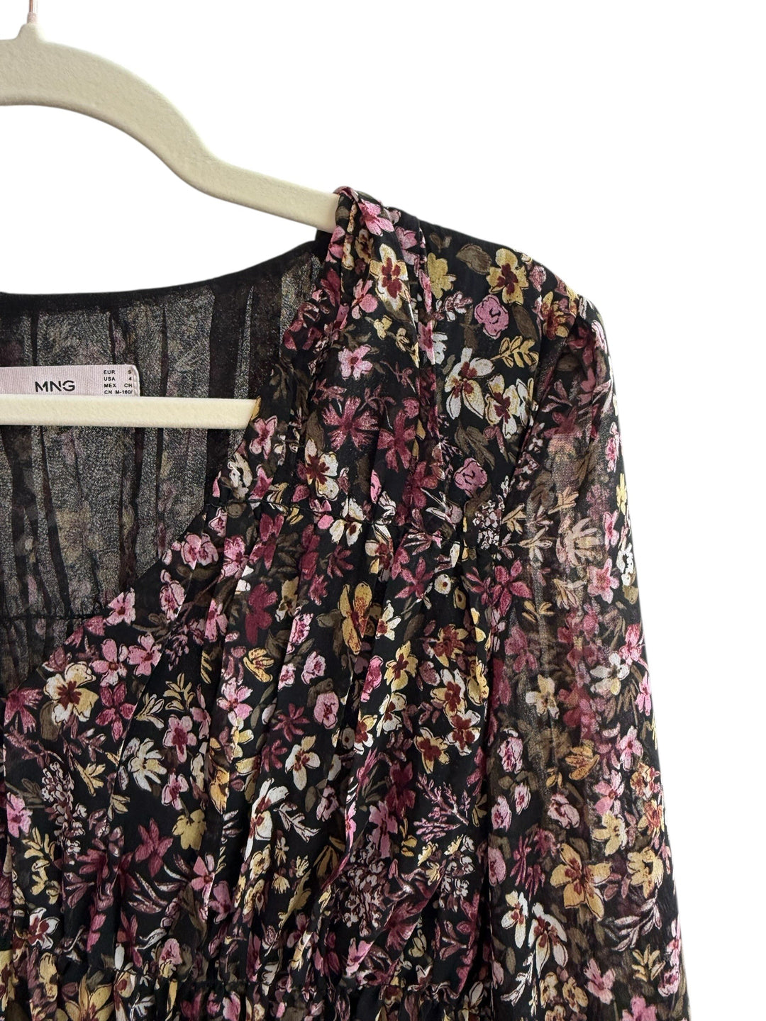 ReTrend floral print V-neck dress in black with pink and beige flowers, sheer sleeves, size S.