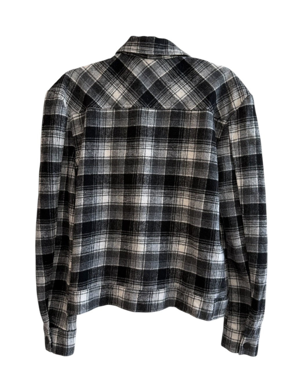 ReTrend Kilibbi black, grey, and ecru plaid overshirt with snap buttons and chest pockets. Size S.