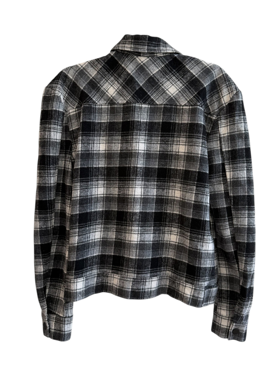ReTrend Kilibbi black, grey, and ecru plaid overshirt with snap buttons and chest pockets. Size S.