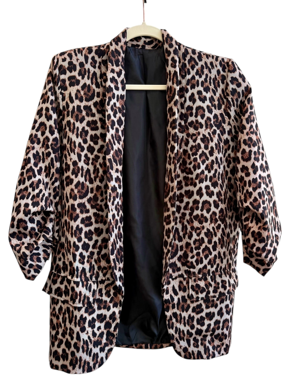 ReTrend leopard print fluid blazer in beige, brown, and black. Size S, open front, lightweight material.