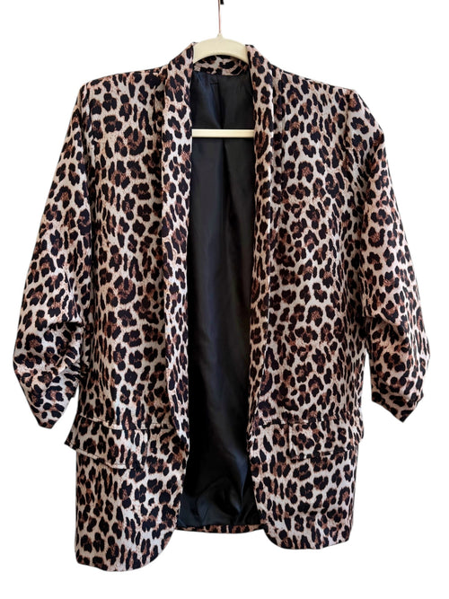 ReTrend leopard print fluid blazer in beige, brown, and black. Size S, open front, lightweight material.